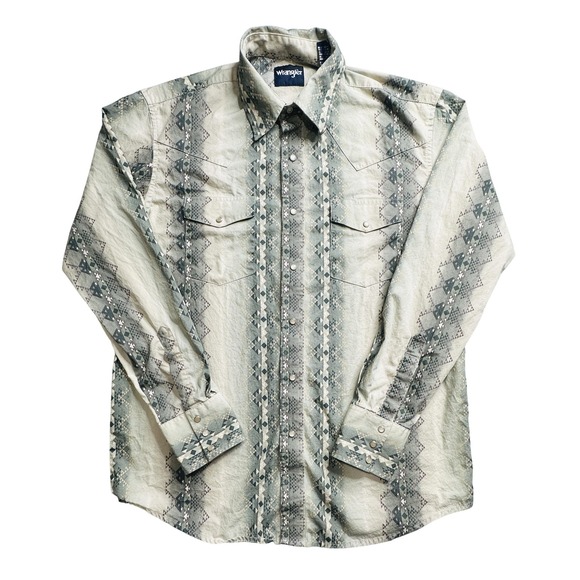Wrangler Shirt Mens Large Beige Aztec Southwestern Pearl Snap Western Rodeo - Picture 1 of 9